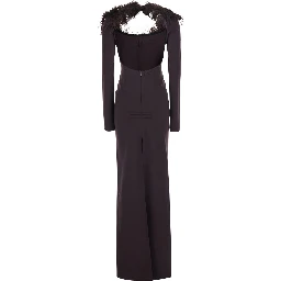 Brown Long Dress with Feathers on the Neck and Logo Patch on the Back in Cotton for Women