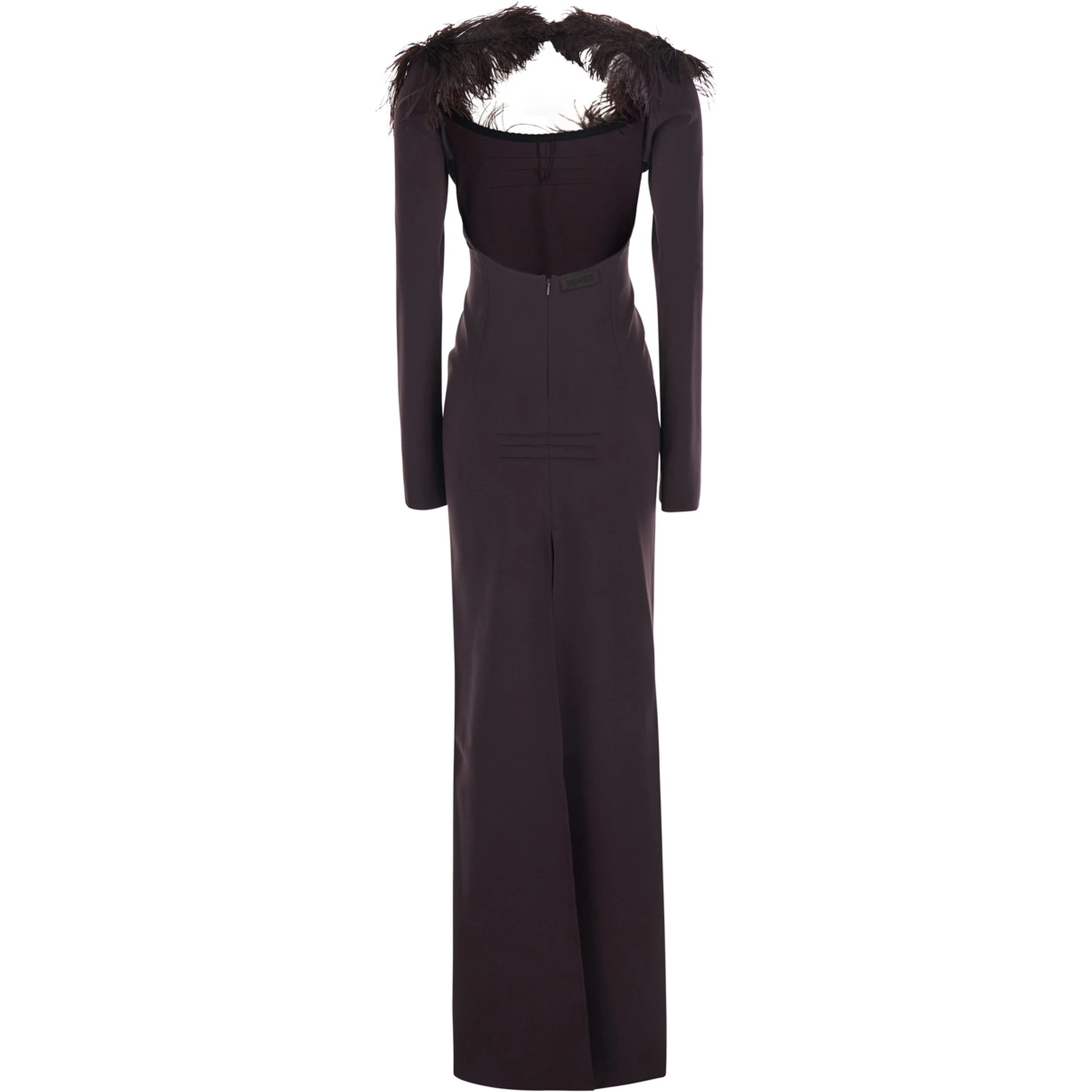 Brown Long Dress with Feathers on the Neck and Logo Patch on the Back in Cotton for Women
