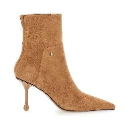 Cycas beige High-heeled ankle boots with metallic logo on the front in suede for women