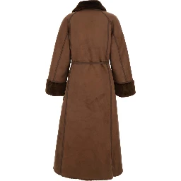 brown Long fur coat with reversible design and waist belt in eco-fur for women