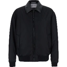 black Bomber Jacket with shirt collar and logo on the front in Tech Fabric for men