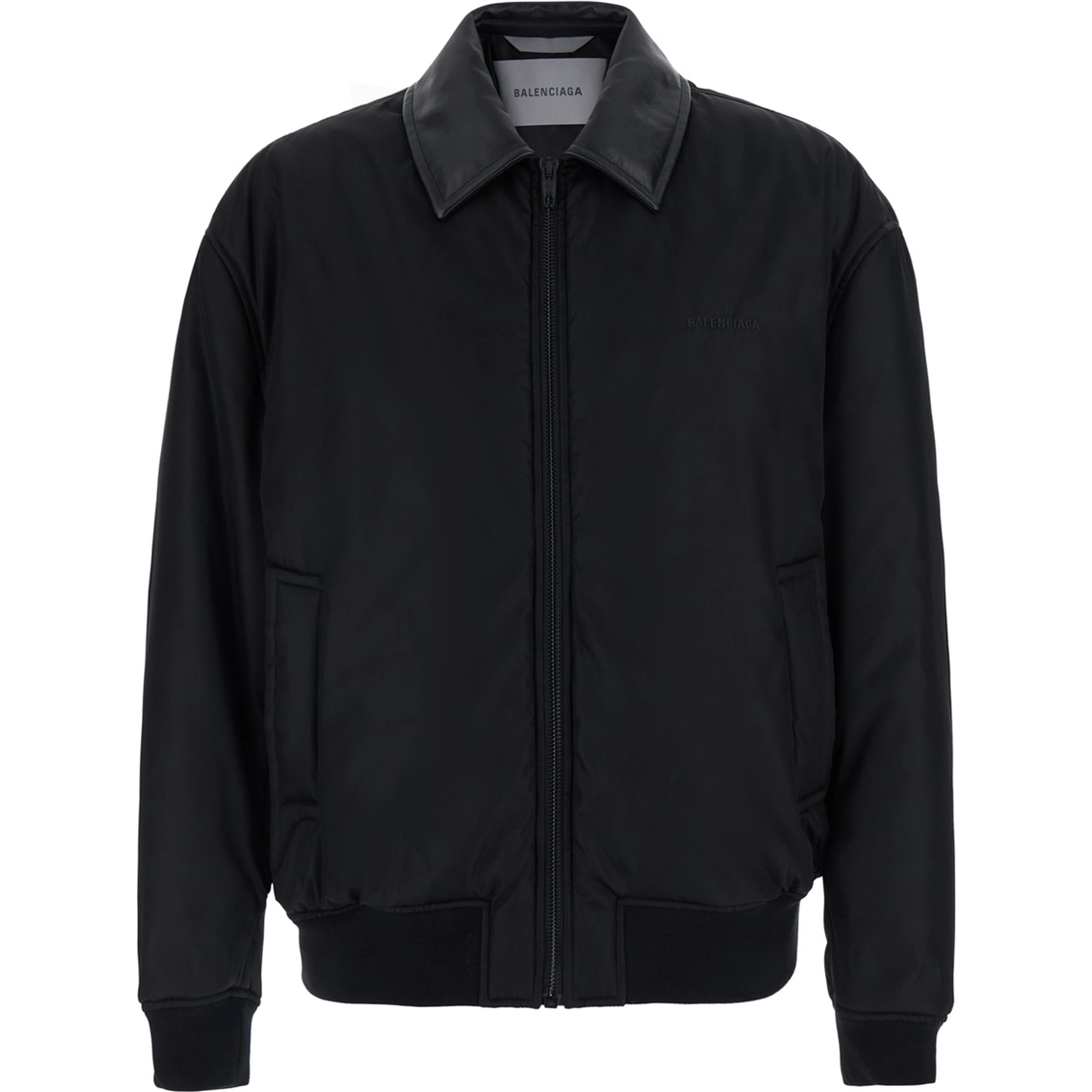 black Bomber Jacket with shirt collar and logo on the front in Tech Fabric for men