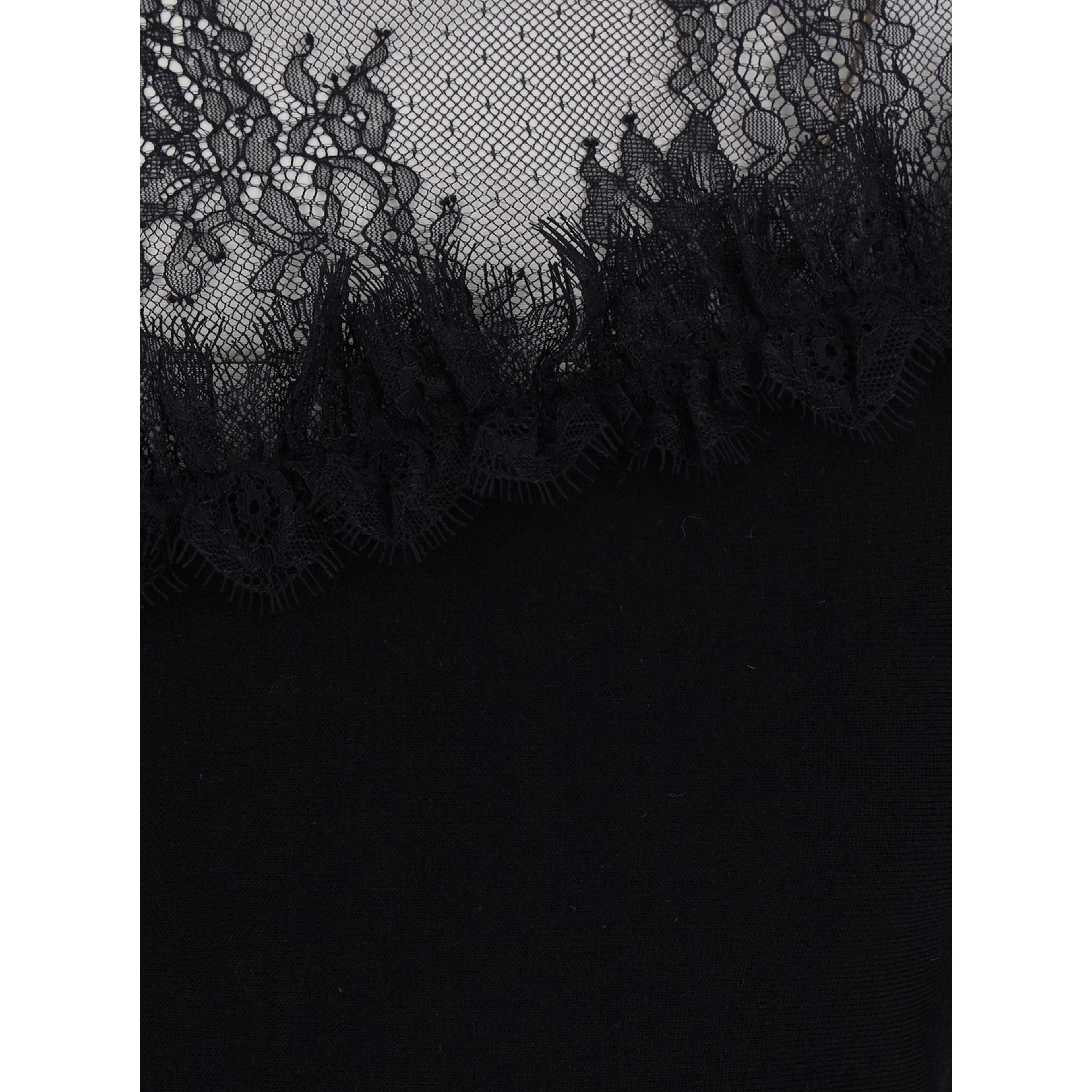 Black Round Neck Dress with Front Lace Embroidery in Wool for Women