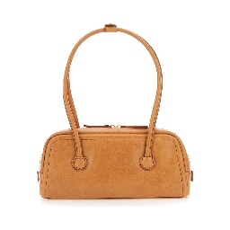 Soft Boston Ew Brown Shoulder bag with Two Top Handles and Logo lettering on the Front in Leather for Women