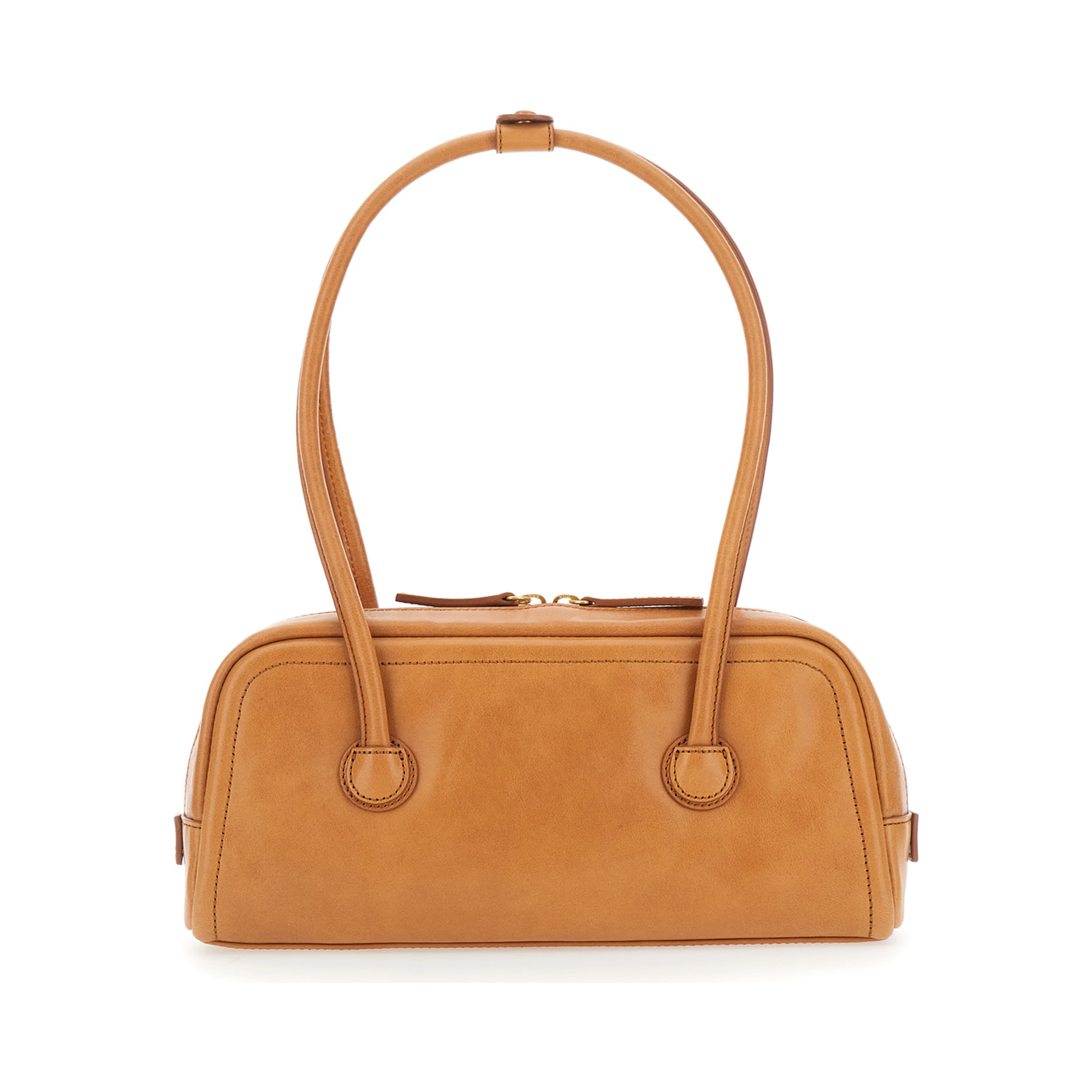 Soft Boston Ew Brown Shoulder bag with Two Top Handles and Logo lettering on the Front in Leather for Women