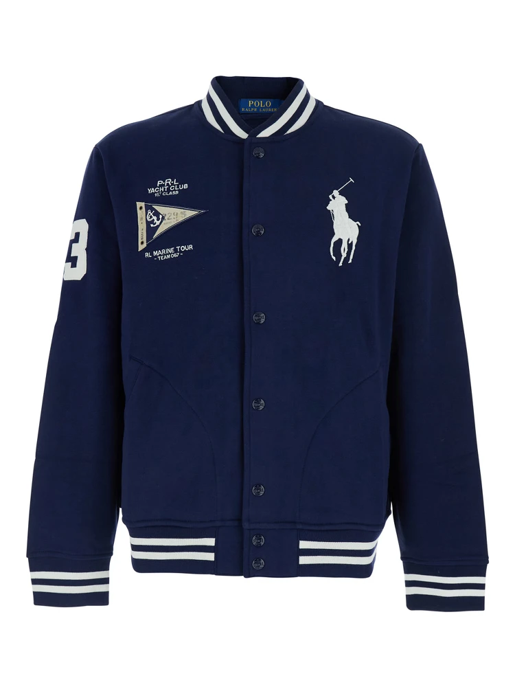 Blue Varsity Jacket with Pony Patch on the Front and Numeric Patch on the Sleeve in Cotton Blend for Men