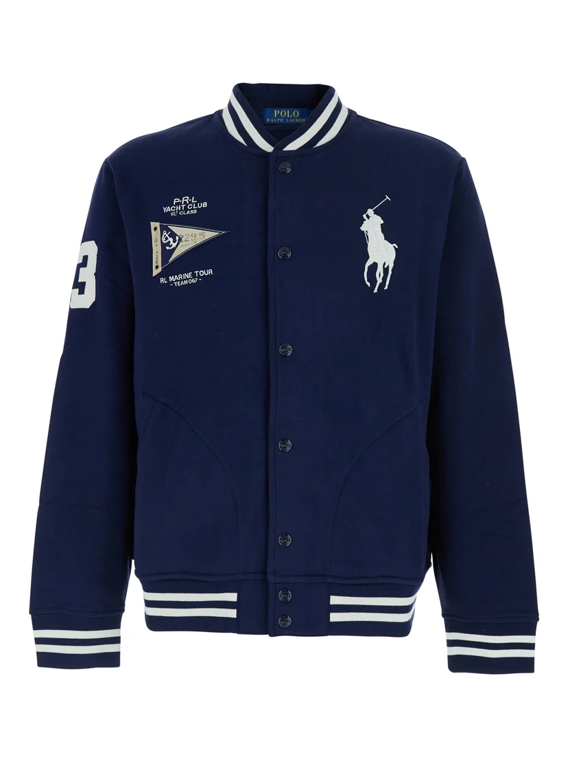 Blue Varsity Jacket with Pony Patch on the Front and Numeric Patch on the Sleeve in Cotton Blend for Men