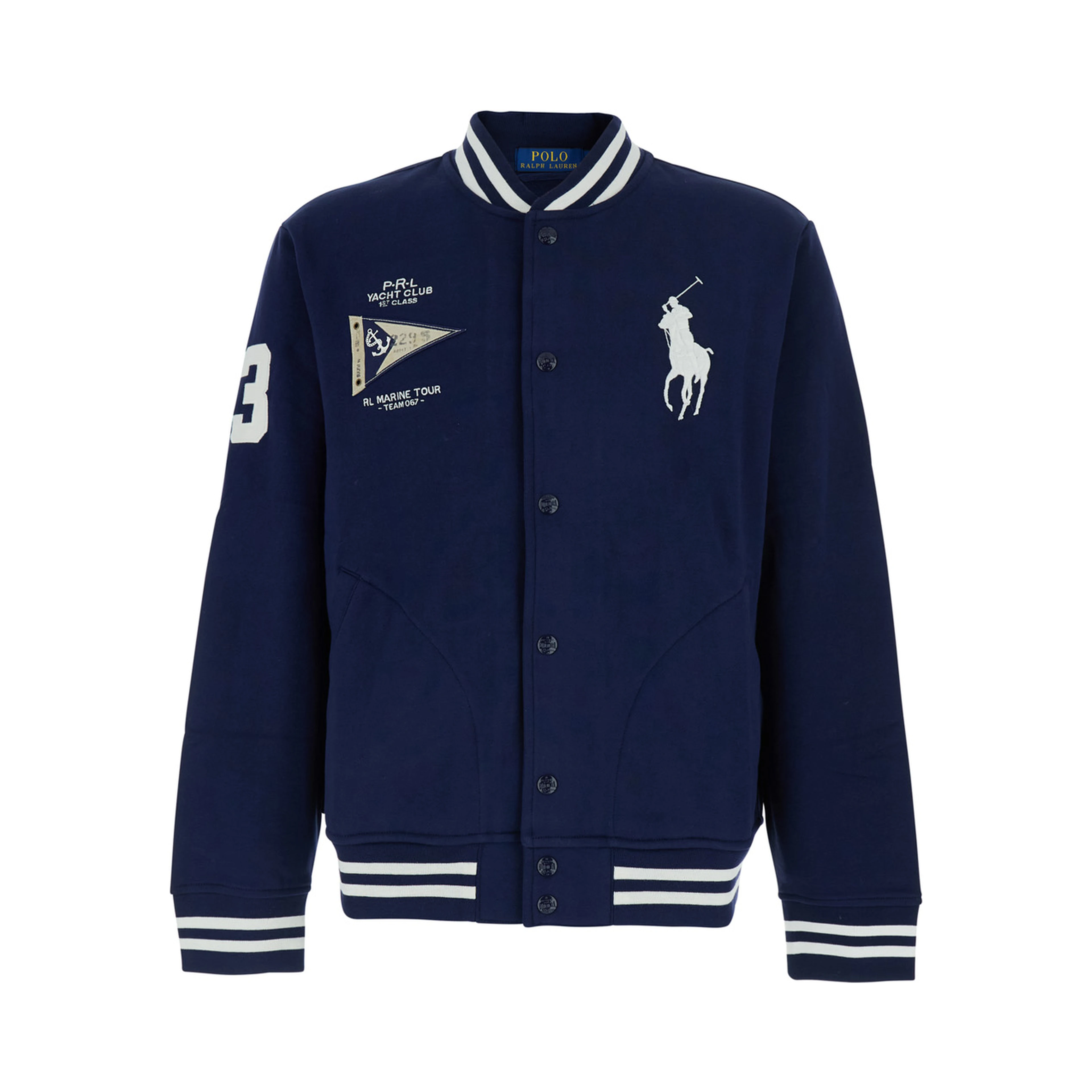 Blue Varsity Jacket with Pony Patch on the Front and Numeric Patch on the Sleeve in Cotton Blend for Men