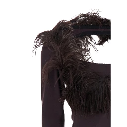 Brown Long Dress with Feathers on the Neck and Logo Patch on the Back in Cotton for Women