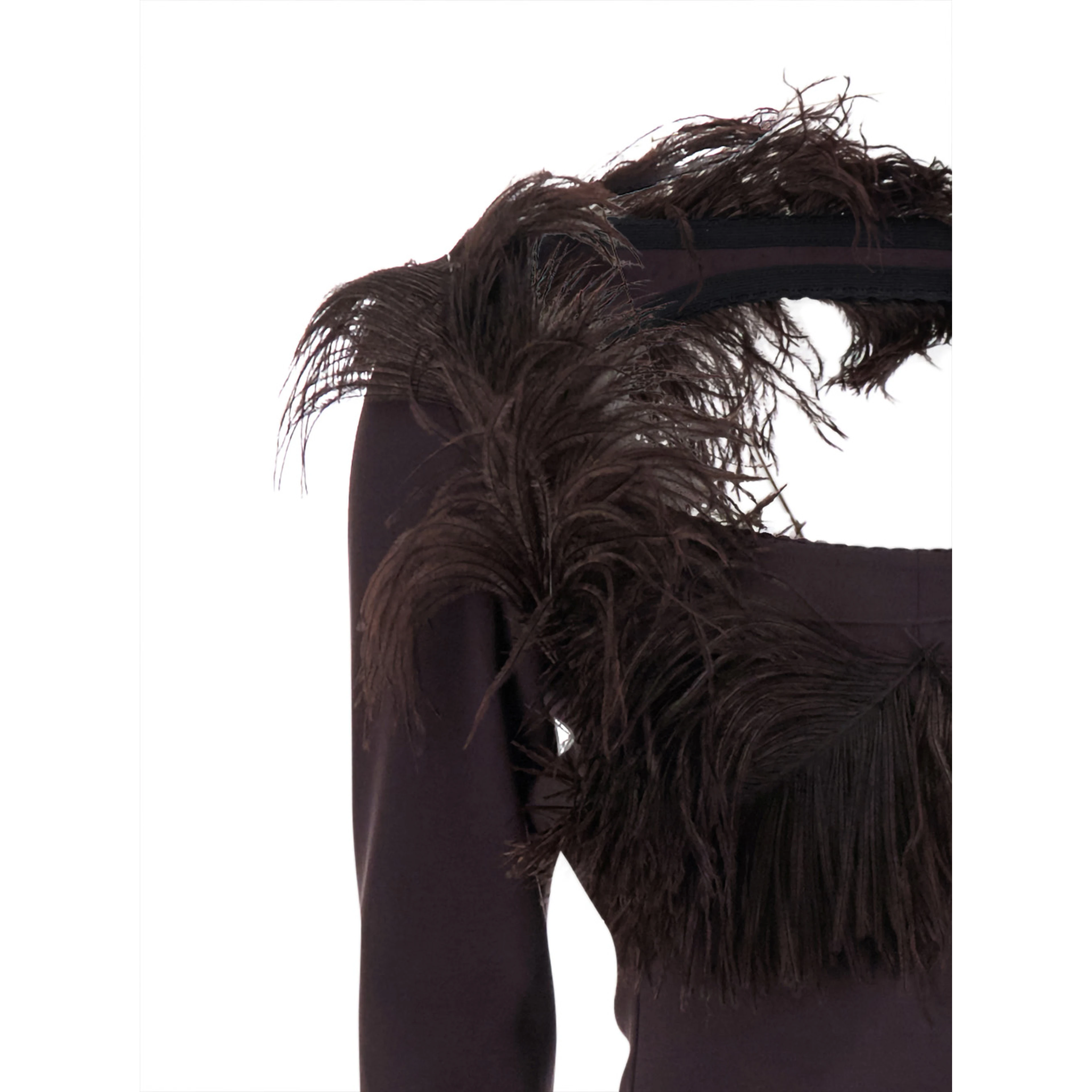 Brown Long Dress with Feathers on the Neck and Logo Patch on the Back in Cotton for Women