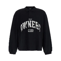 black sweatshirt with Polo collar and logo on the front in cotton for men