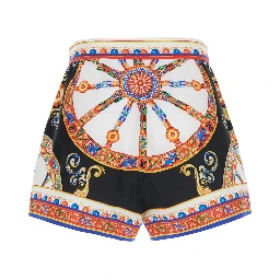 Multicolor Shorts with front belt and Carretto print in cotton for women