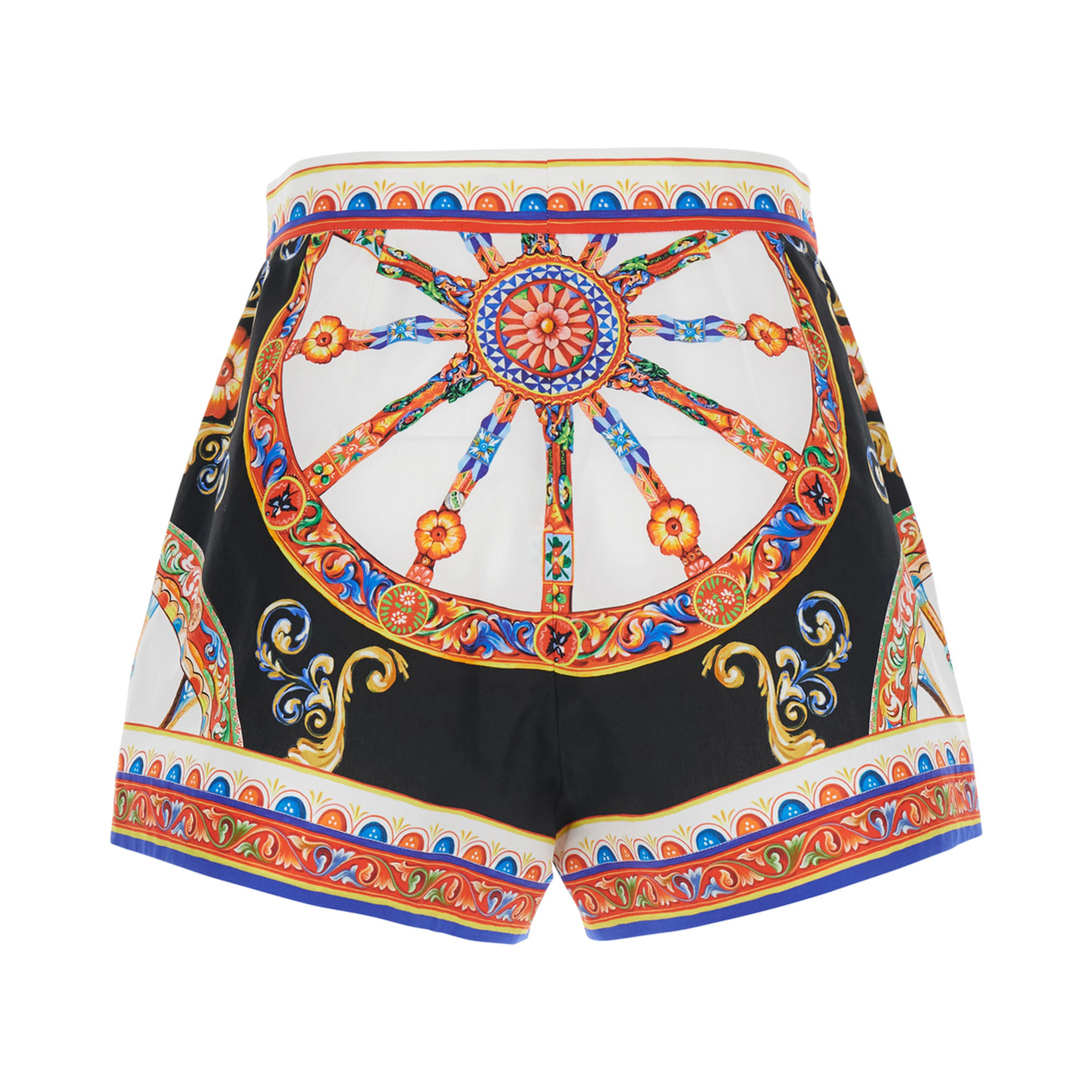 Multicolor Shorts with front belt and Carretto print in cotton for women