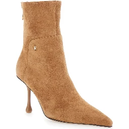 Cycas beige High-heeled ankle boots with metallic logo on the front in suede for women