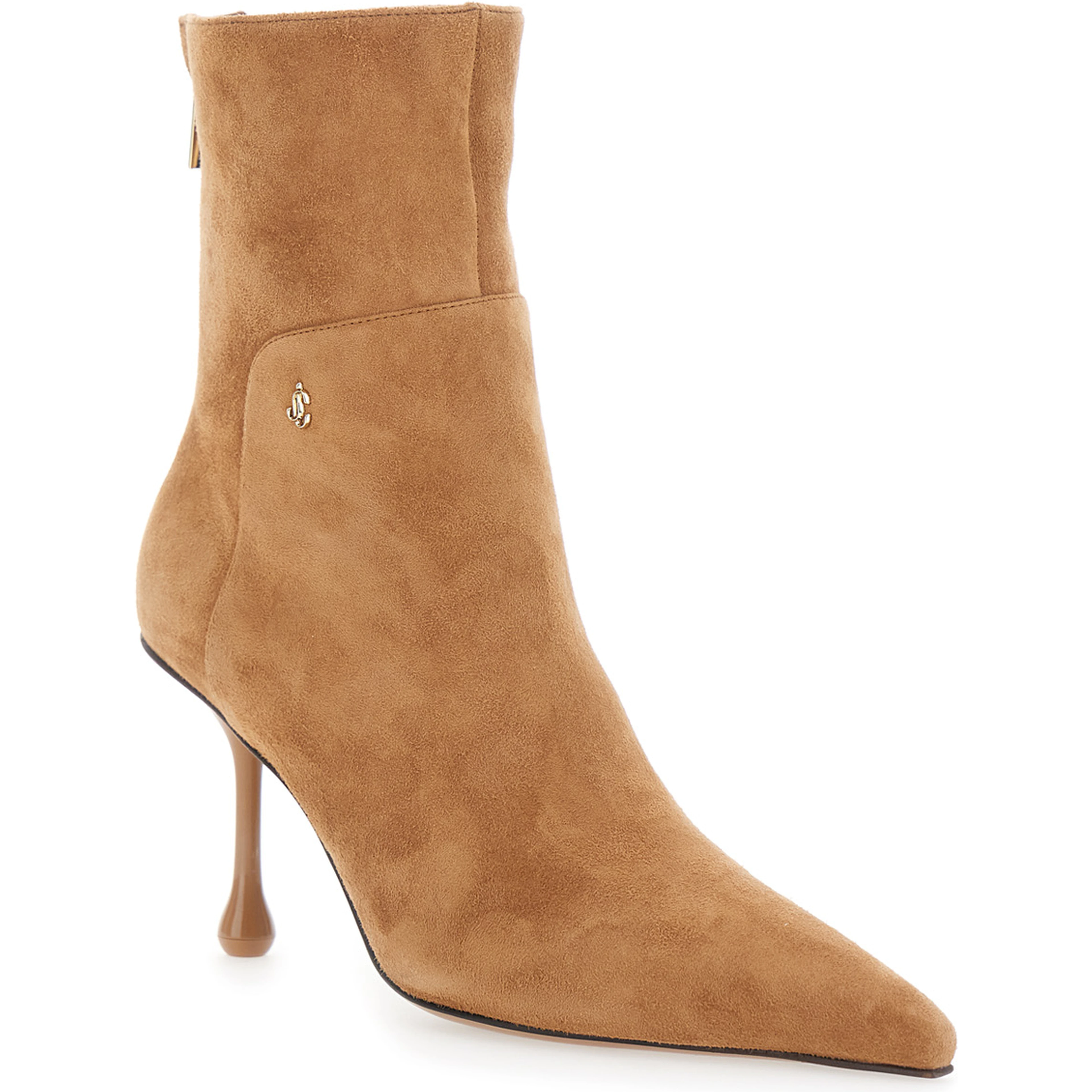 Cycas beige High-heeled ankle boots with metallic logo on the front in suede for women