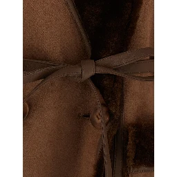 brown Long fur coat with reversible design and waist belt in eco-fur for women
