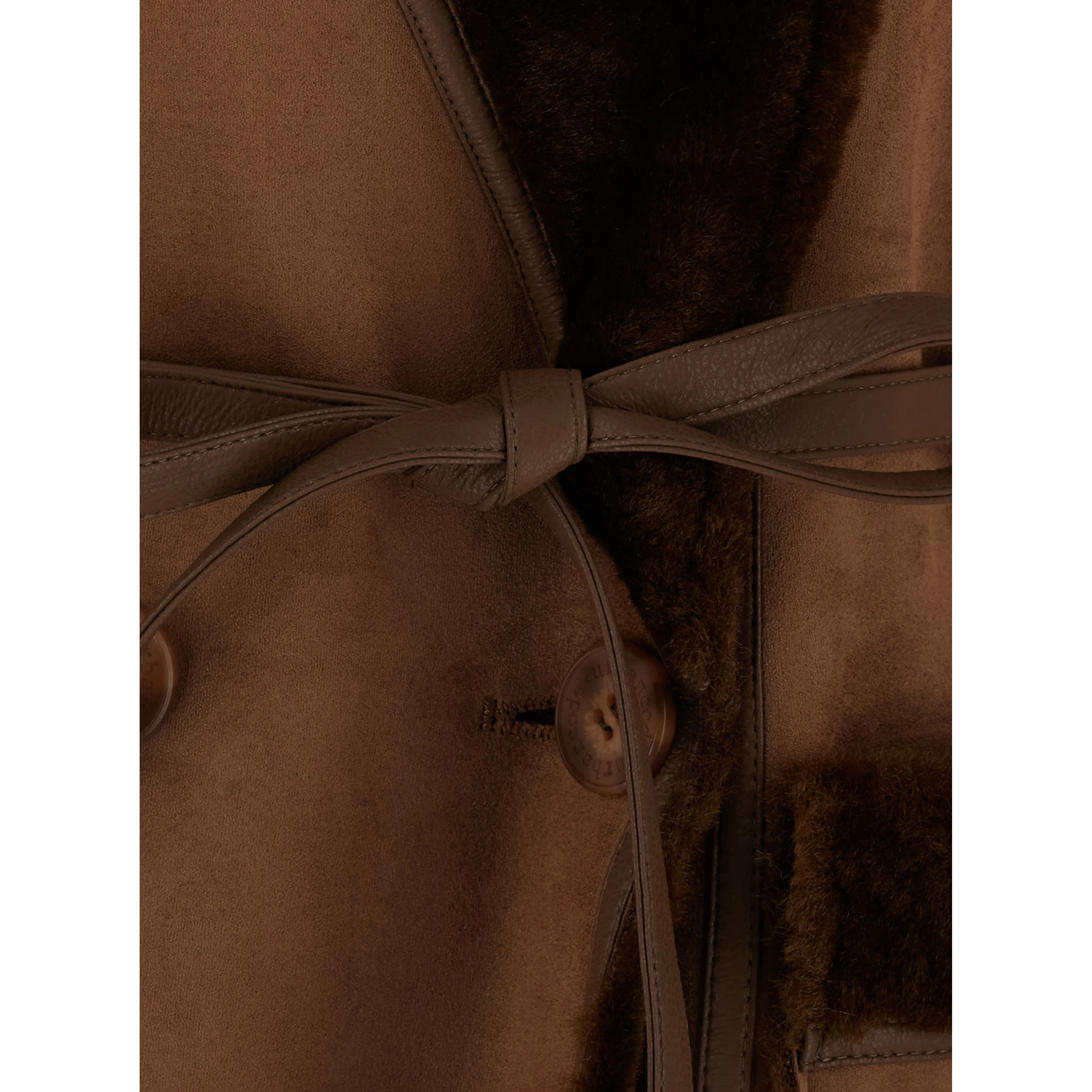 brown Long fur coat with reversible design and waist belt in eco-fur for women