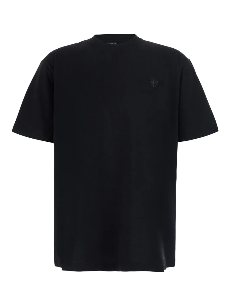 Black Crew neck T-shirt with crest embroidery on the front in Blend cotton for men
