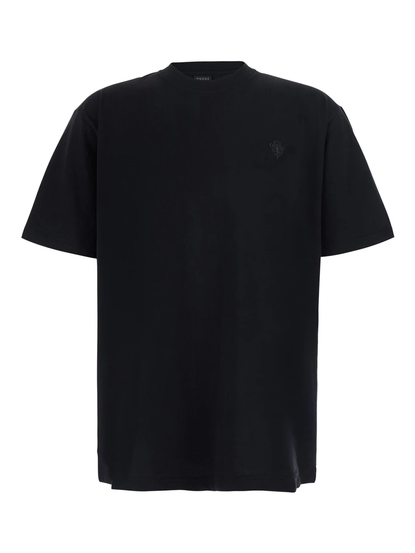 Black Crew neck T-shirt with crest embroidery on the front in Blend cotton for men