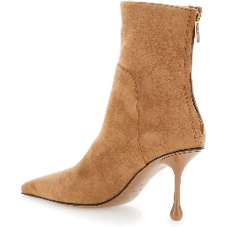 Cycas beige High-heeled ankle boots with metallic logo on the front in suede for women