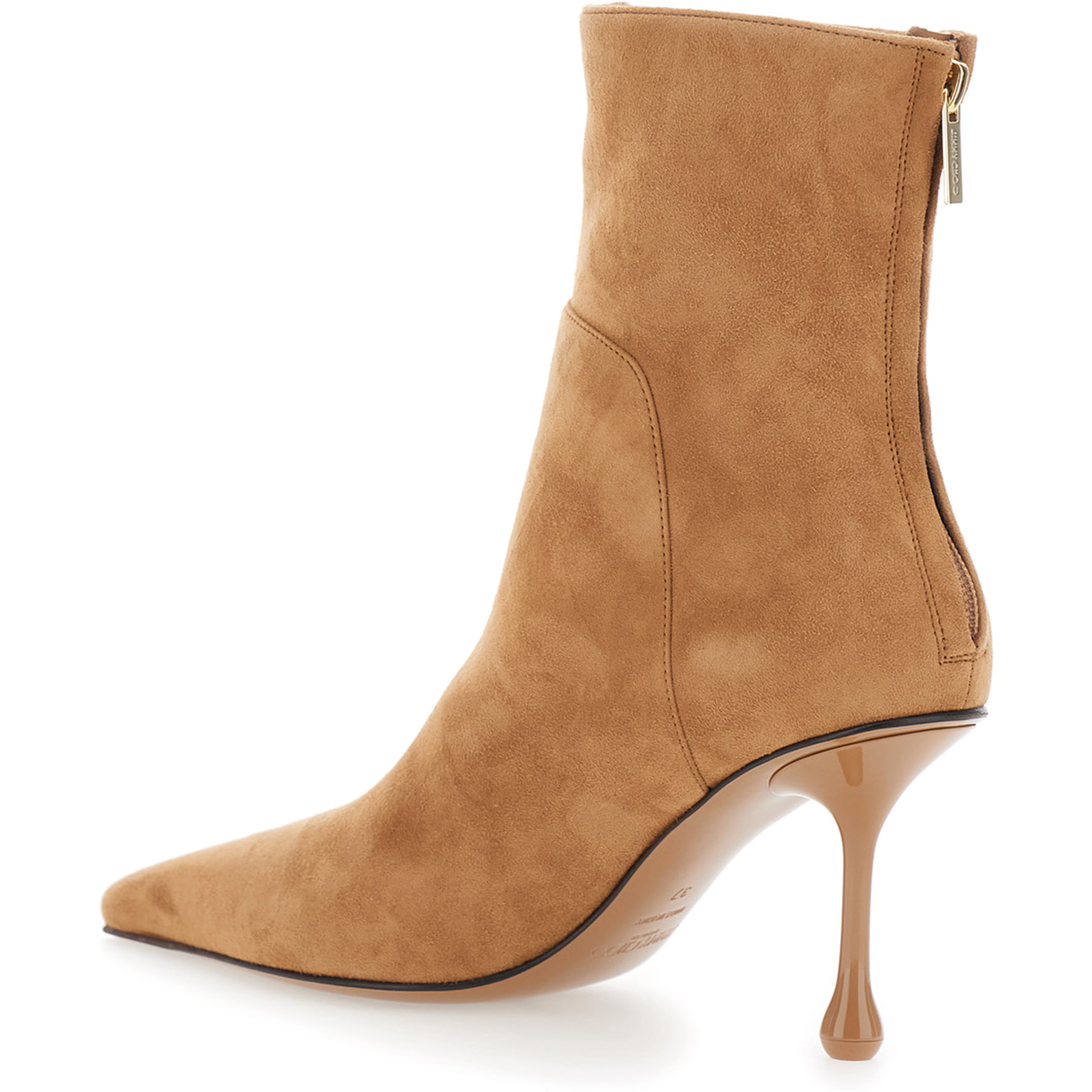 Cycas beige High-heeled ankle boots with metallic logo on the front in suede for women