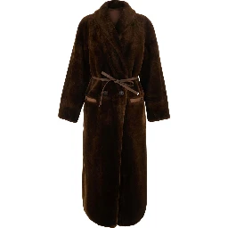 brown Long fur coat with reversible design and waist belt in eco-fur for women