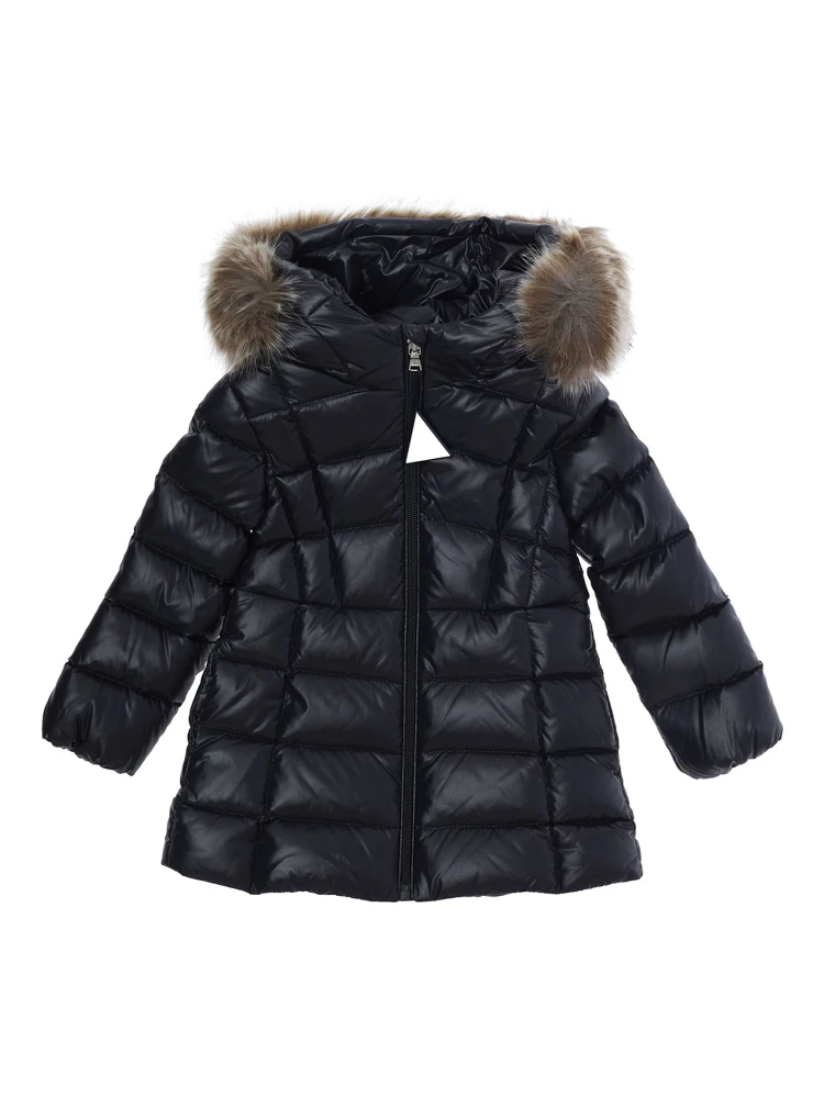 Emma Blue Down jacket with hood with fur and logo patch on the sleeve in Tech Fabric baby