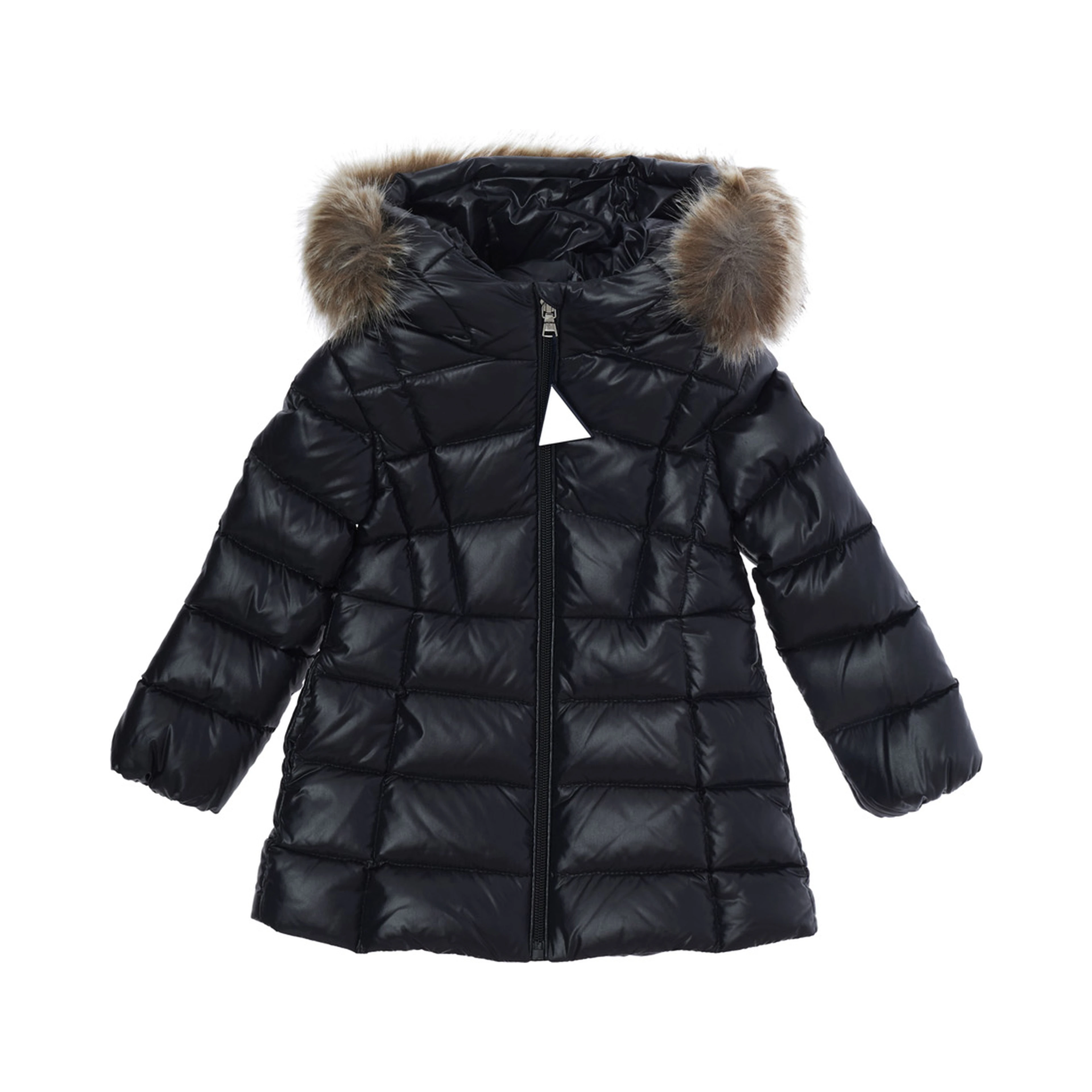 Emma Blue Down jacket with hood with fur and logo patch on the sleeve in Tech Fabric baby