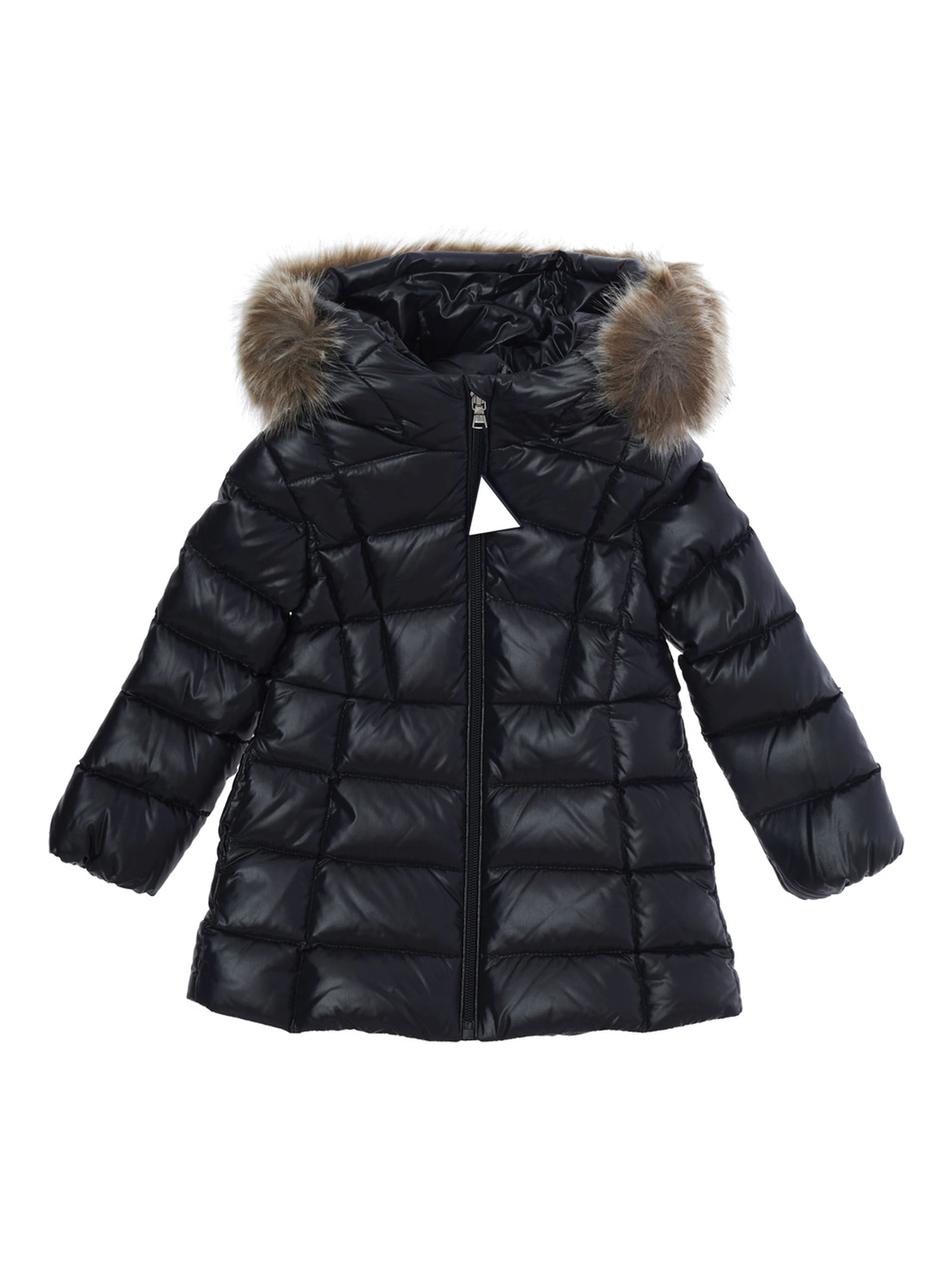Emma Blue Down jacket with hood with fur and logo patch on the sleeve in Tech Fabric baby