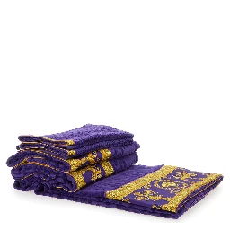 purple Five-piece towel set with Baroque print in cotton