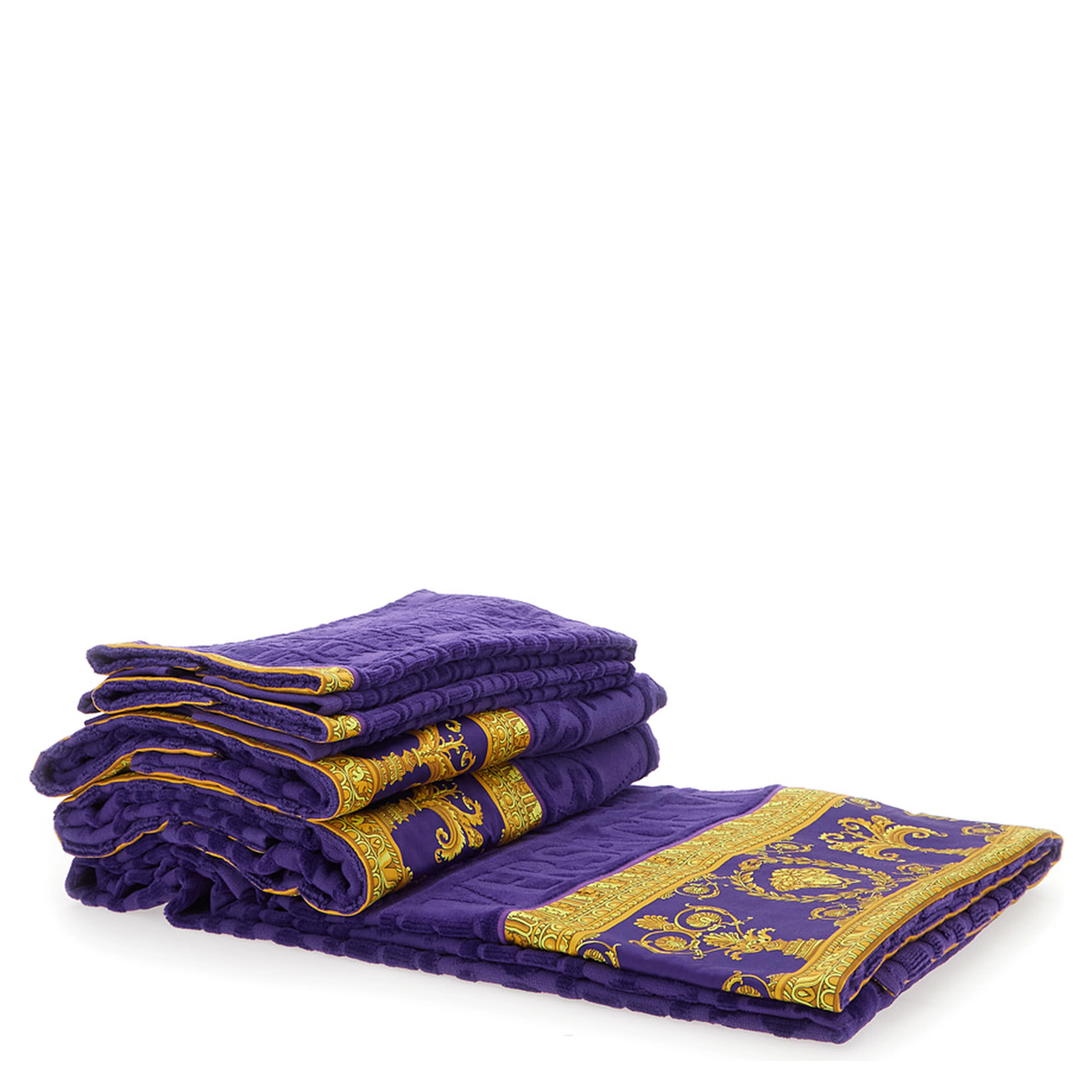 purple Five-piece towel set with Baroque print in cotton