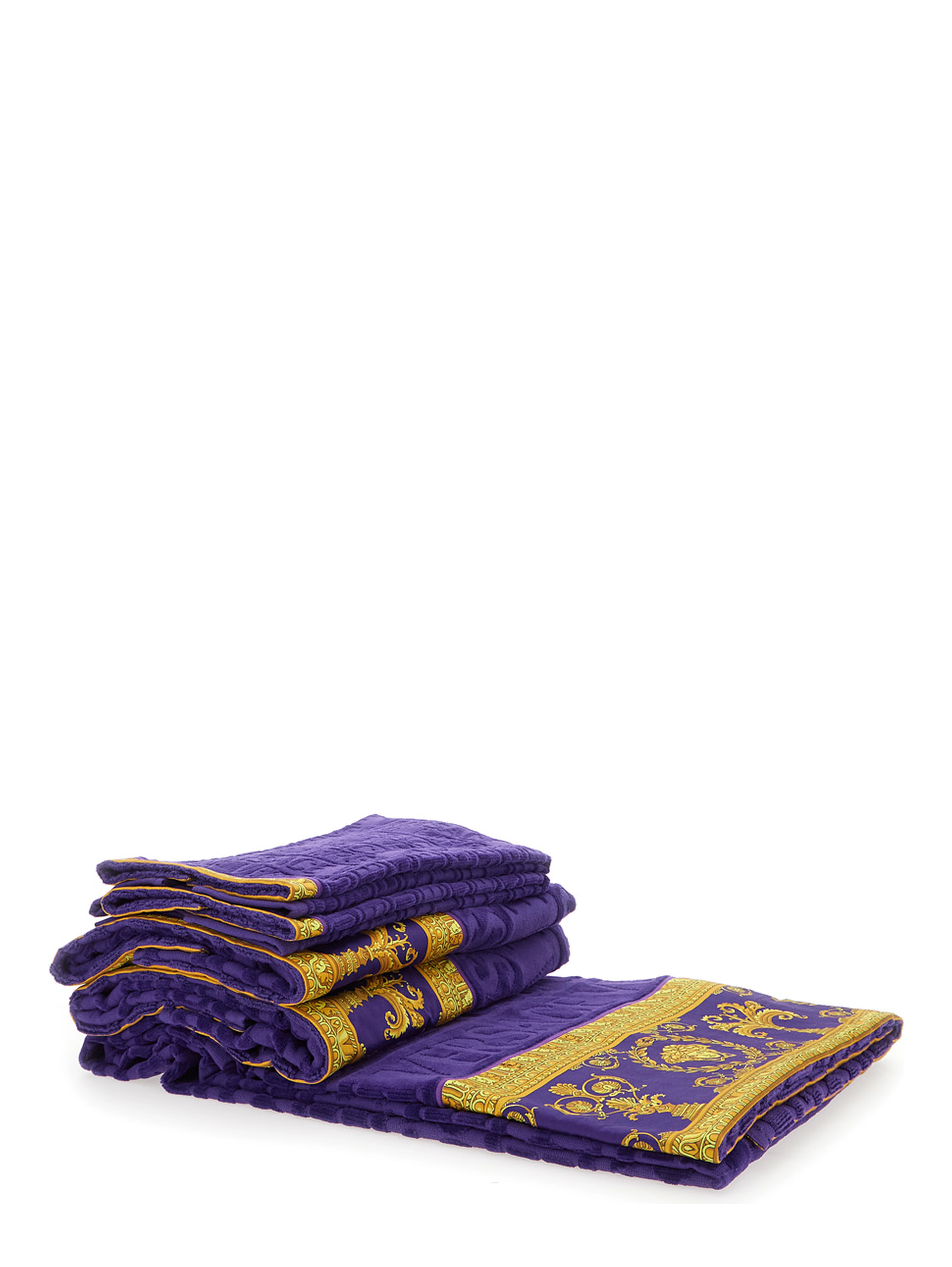 purple Five-piece towel set with Baroque print in cotton