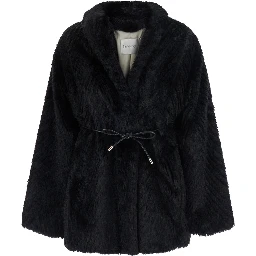 jacket in Ecoleather with belt and Chevron motif in jacquard, black, women