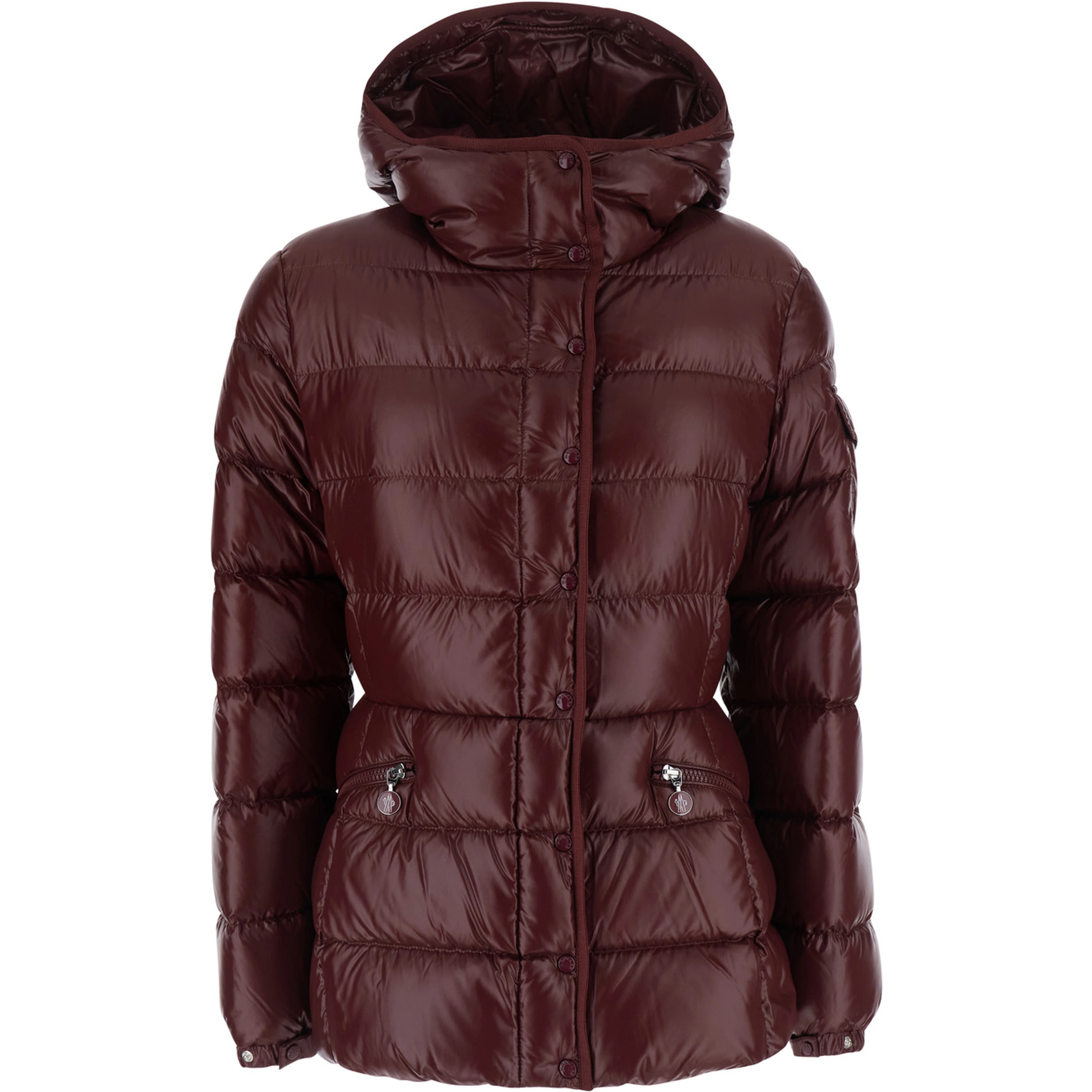 Barante Red down jacket with Hood and Applied Pocket on Sleeve with Logo Patch in Tech Fabric for Women