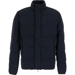 Blue Down jacket with high collar and logo on the front in Tech Fabric men