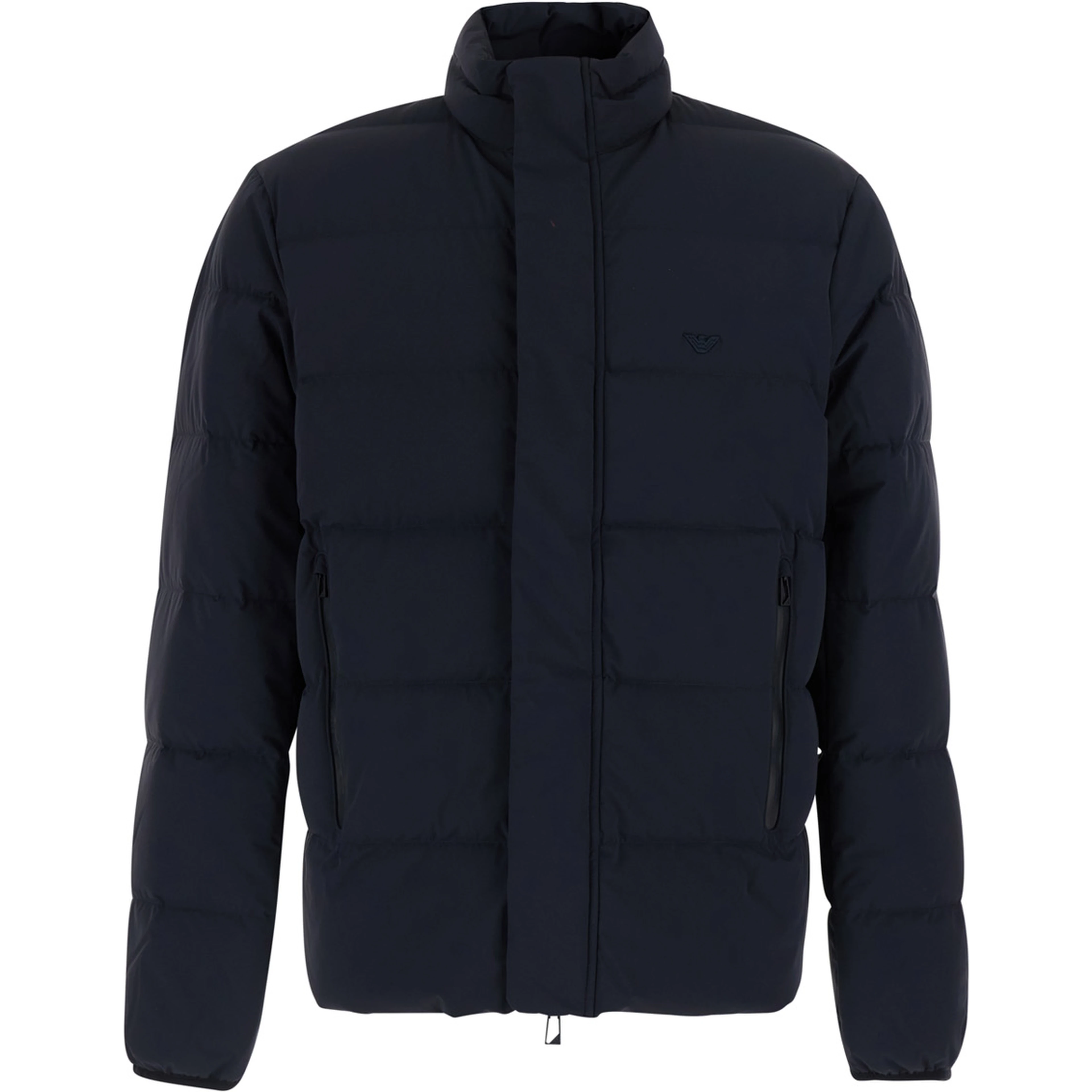 Blue Down jacket with high collar and logo on the front in Tech Fabric men