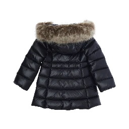 Emma Blue Down jacket with hood with fur and logo patch on the sleeve in Tech Fabric baby