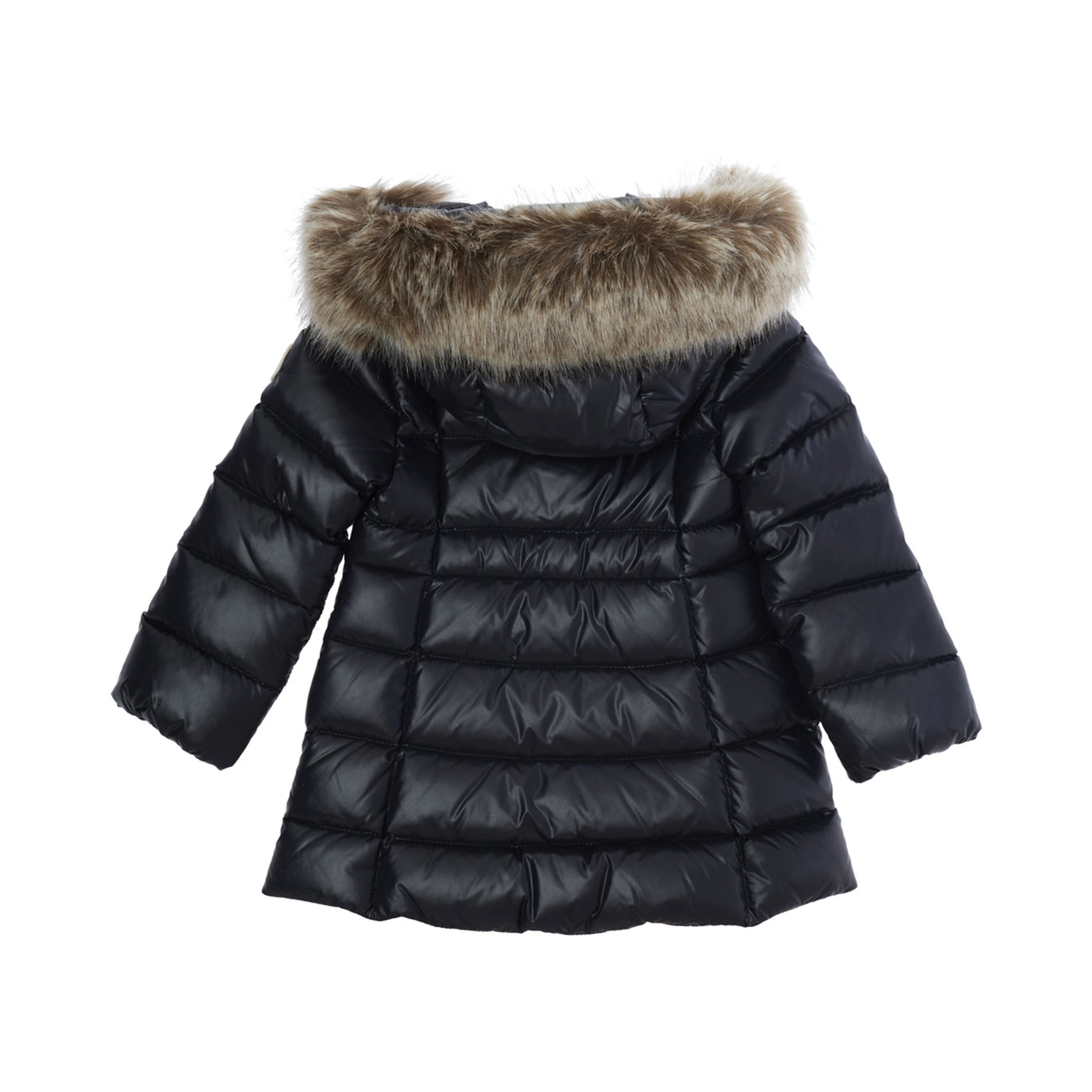 Emma Blue Down jacket with hood with fur and logo patch on the sleeve in Tech Fabric baby