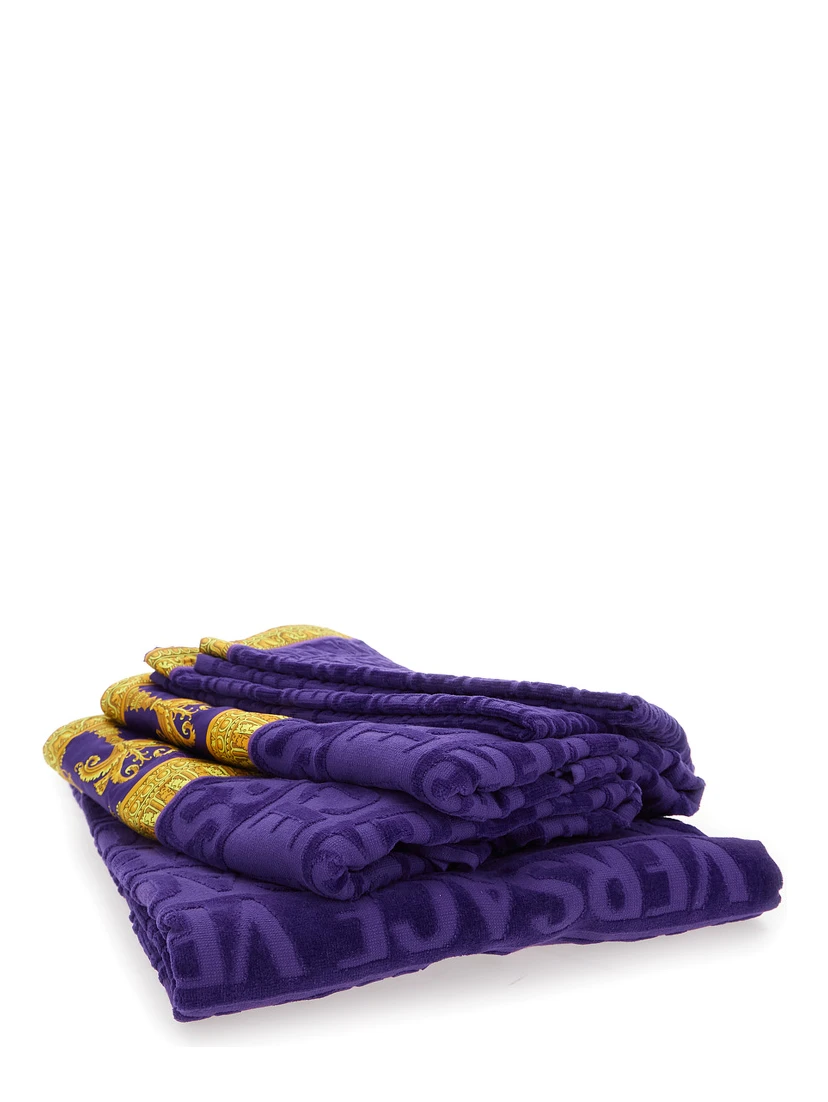 purple Five-piece towel set with Baroque print in cotton