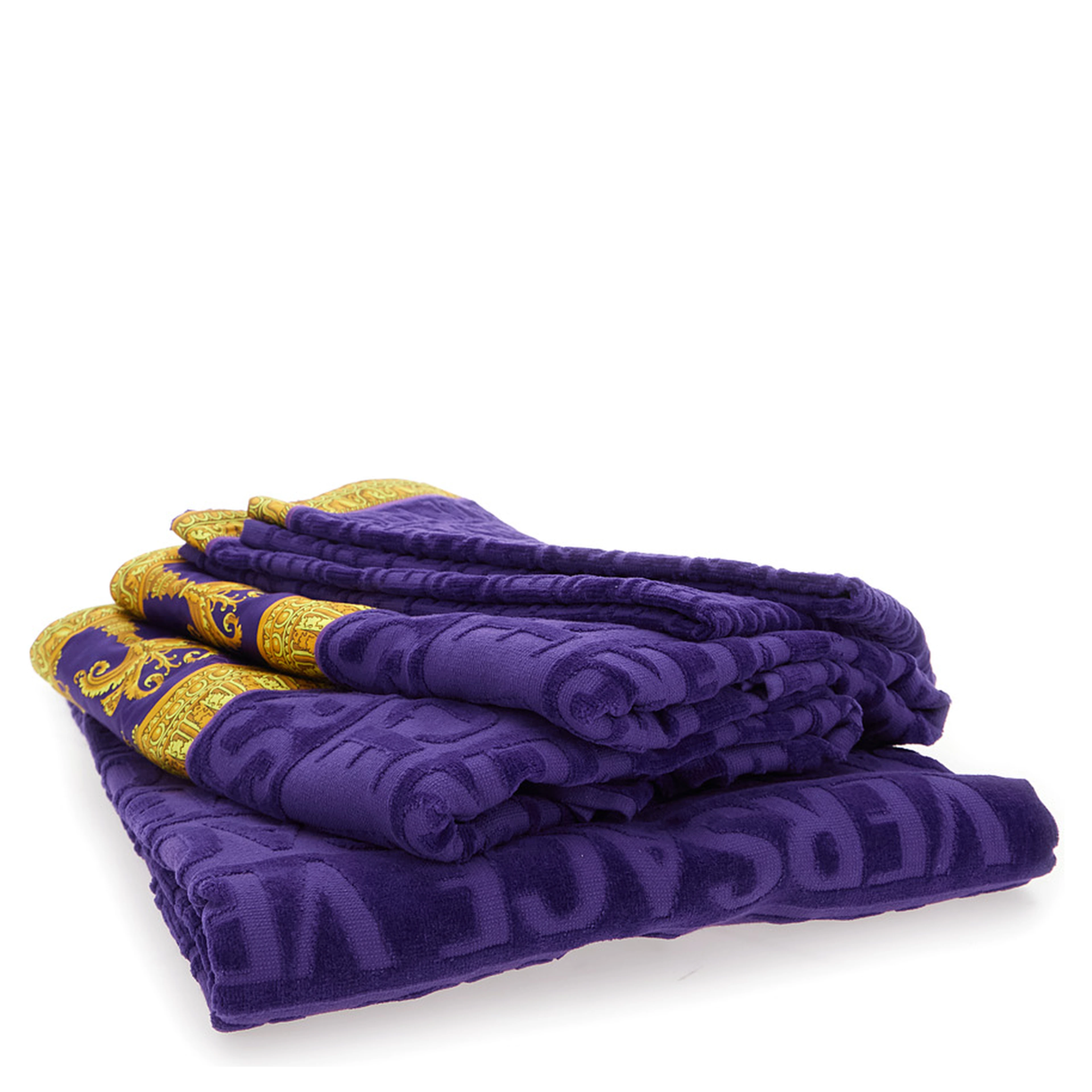 purple Five-piece towel set with Baroque print in cotton