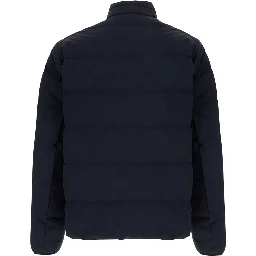 Blue Down jacket with high collar and logo on the front in Tech Fabric men
