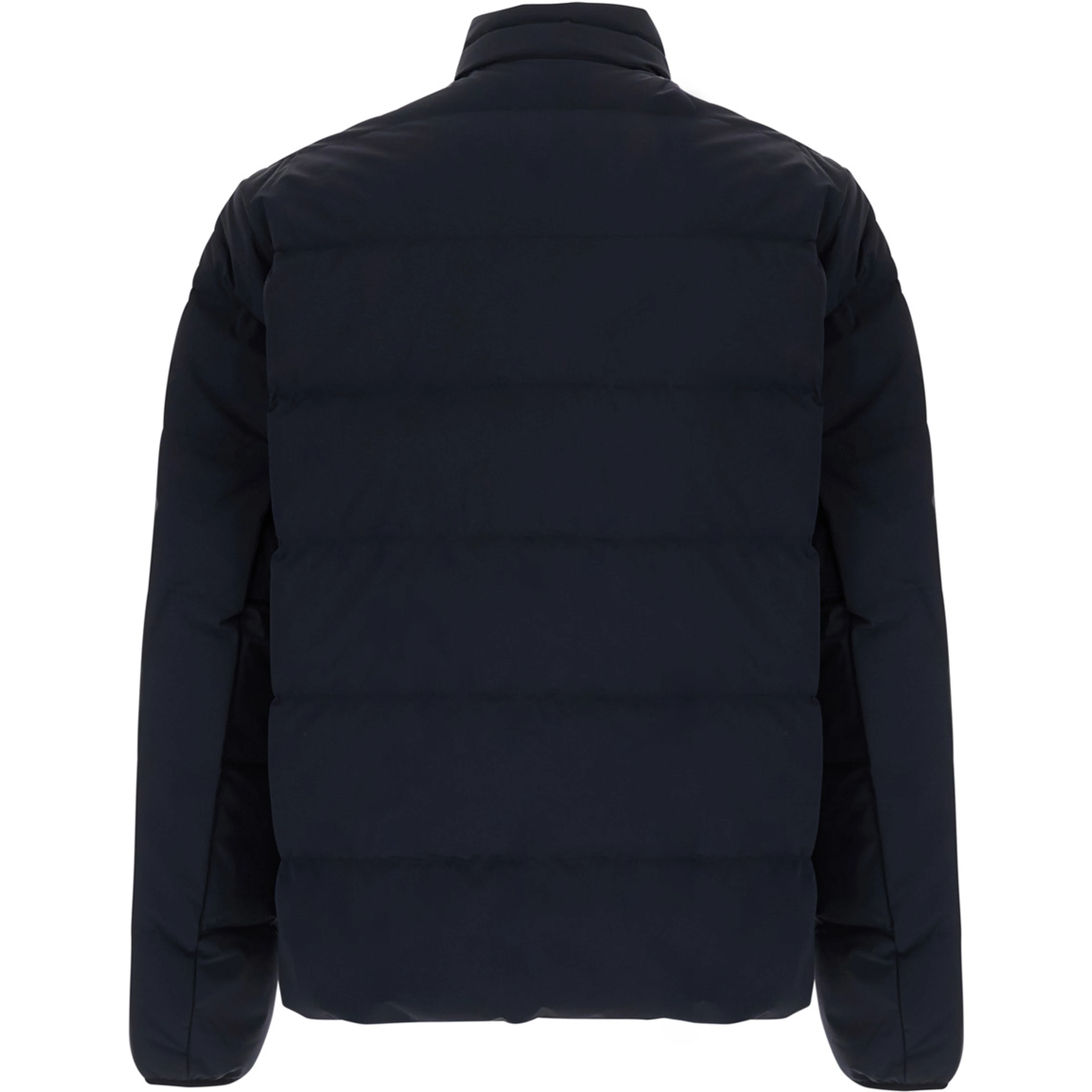 Blue Down jacket with high collar and logo on the front in Tech Fabric men