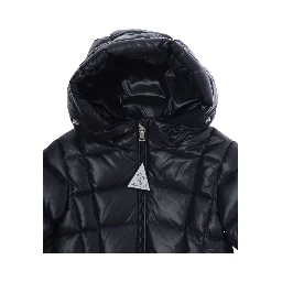 Emma Blue Down jacket with hood with fur and logo patch on the sleeve in Tech Fabric baby