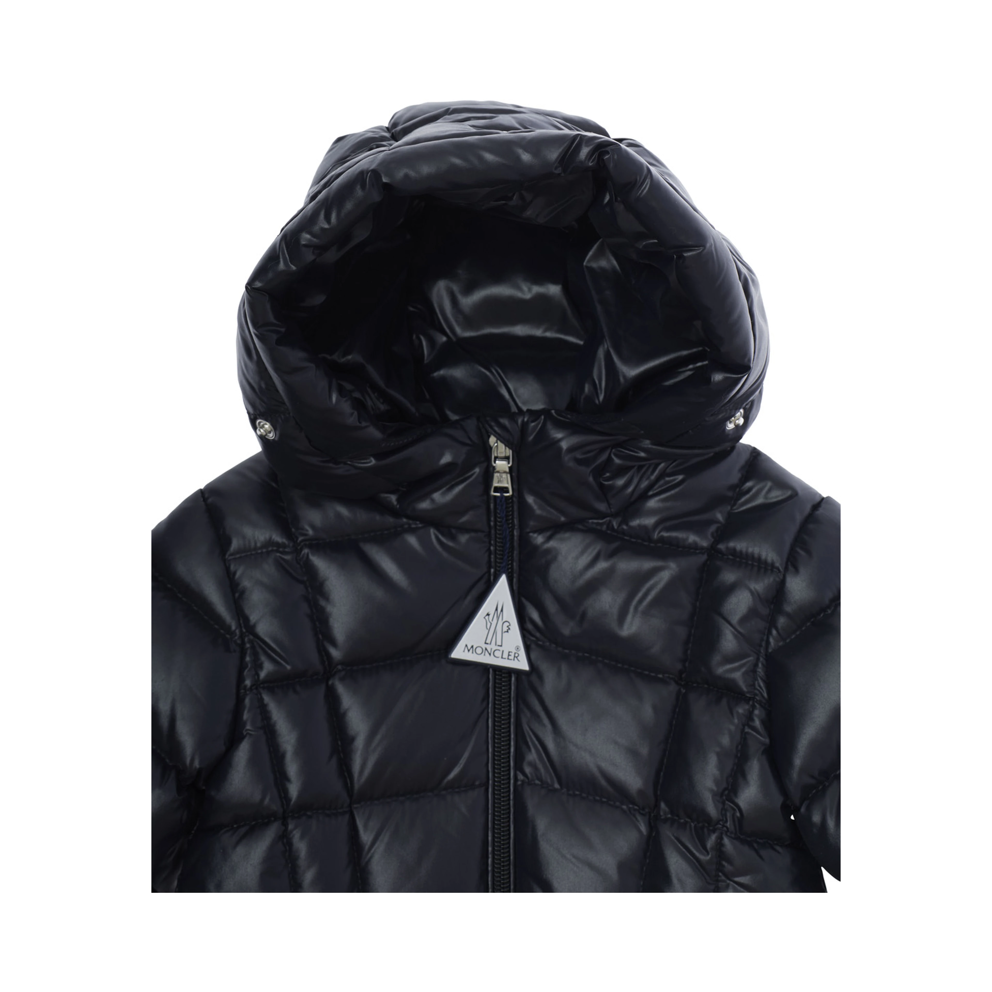 Emma Blue Down jacket with hood with fur and logo patch on the sleeve in Tech Fabric baby