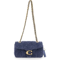 Blue Crossbody bag with chain handles and logo plate on the front in suede for women