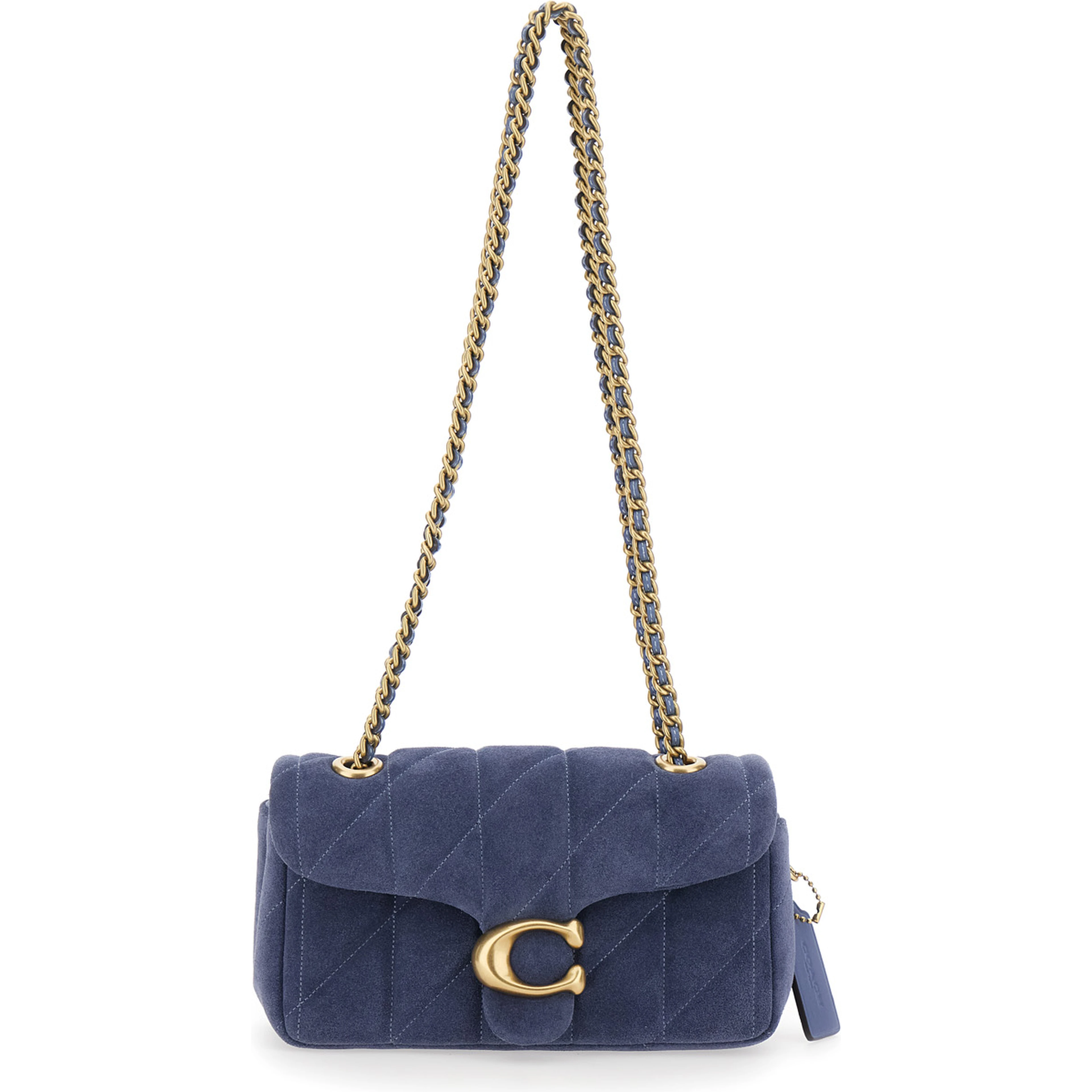 Blue Crossbody bag with chain handles and logo plate on the front in suede for women