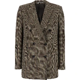 Jasmine Brown Double-Breasted Jacket with Peak Revers and Check Motif All-Over in Wool for Women