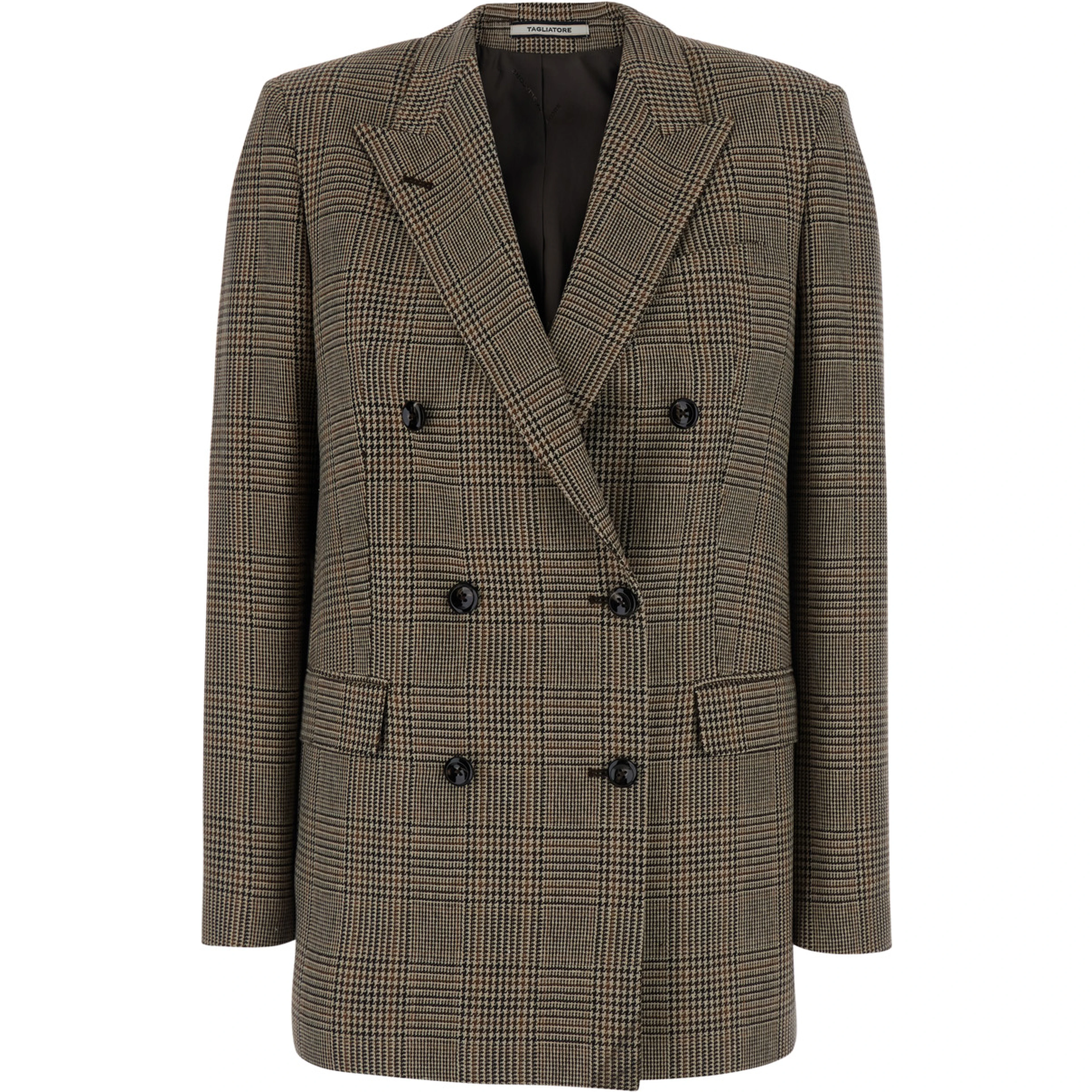 Jasmine Brown Double-Breasted Jacket with Peak Revers and Check Motif All-Over in Wool for Women