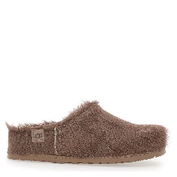 Brown Mules with Logo Patch on the Side in Fur for Women