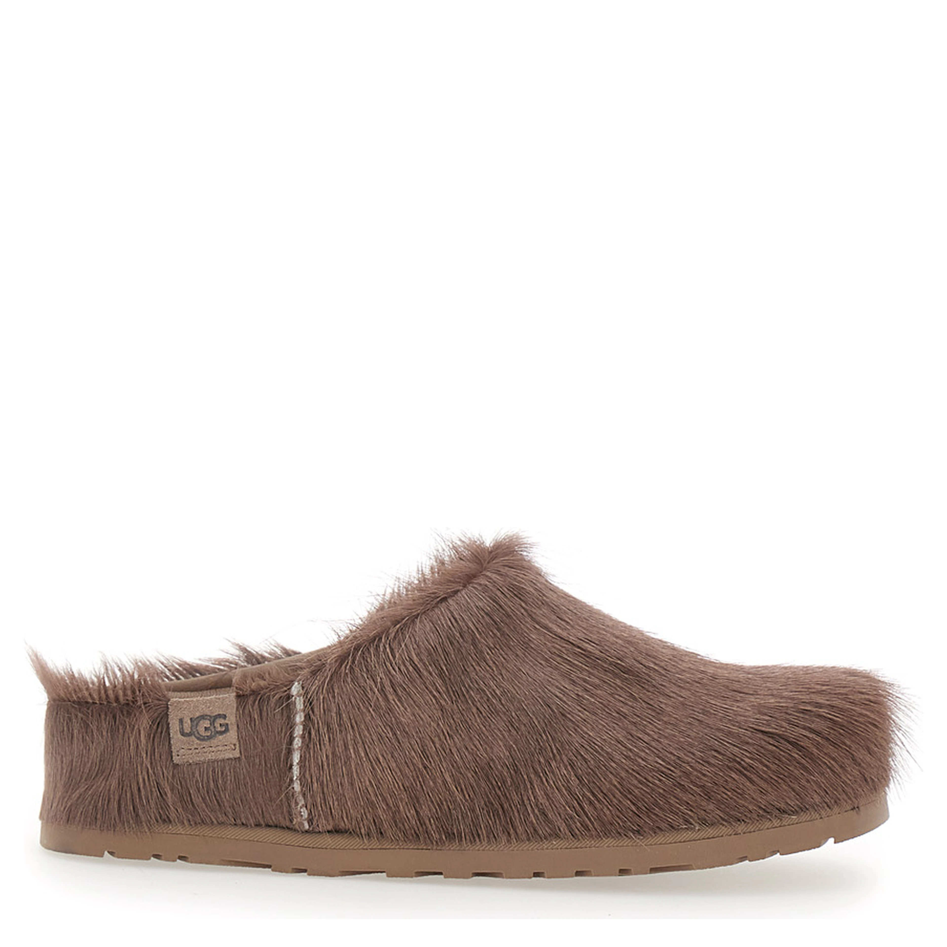 Brown Mules with Logo Patch on the Side in Fur for Women